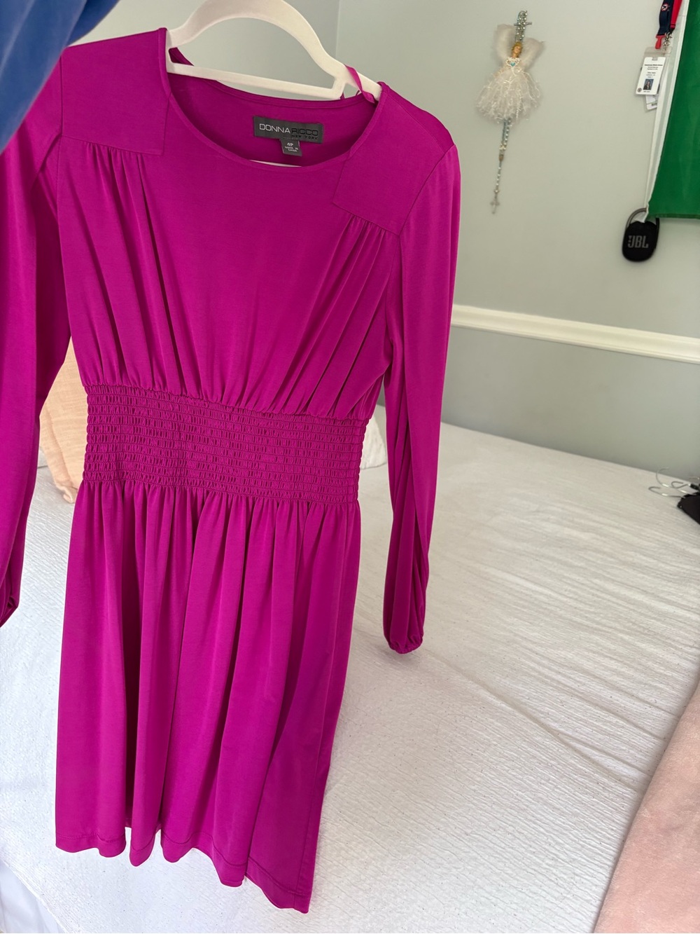 Donna Ricco Fuchsia Long-Sleeve Smocked Waist Dress